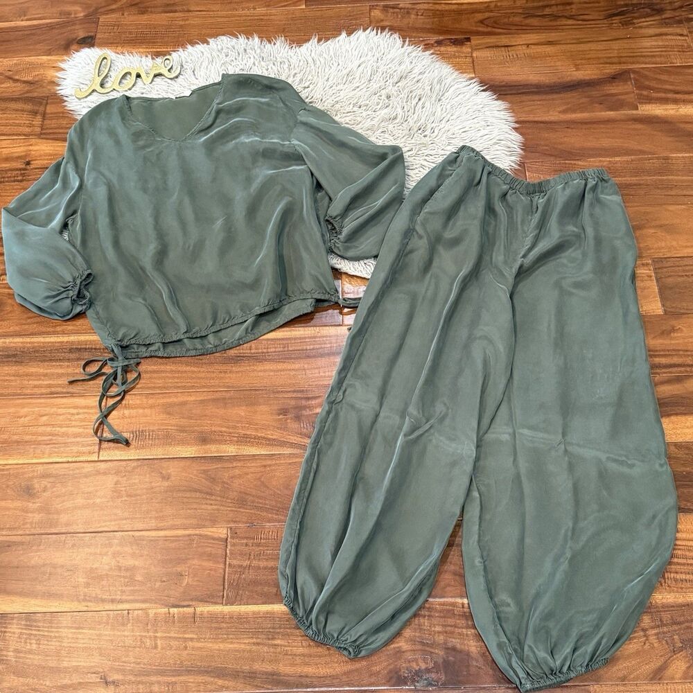Nap Loungewear Set Puff Sleeve Top And Pants Jade size Large Green Tie Side